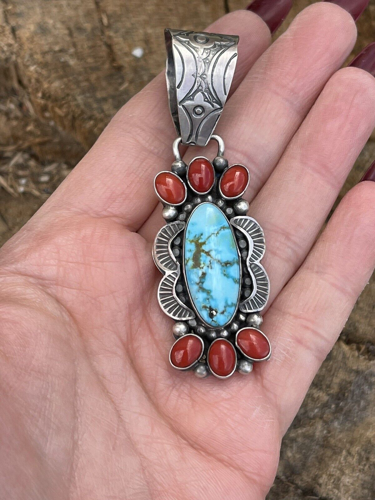 Navajo Sterling Kingman Web Turquoise & Red Coral Pendant Taos Collection