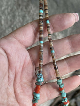 Load image into Gallery viewer, Navajo Turquoise, Heishi and Coral Beaded 16 Inch Necklace