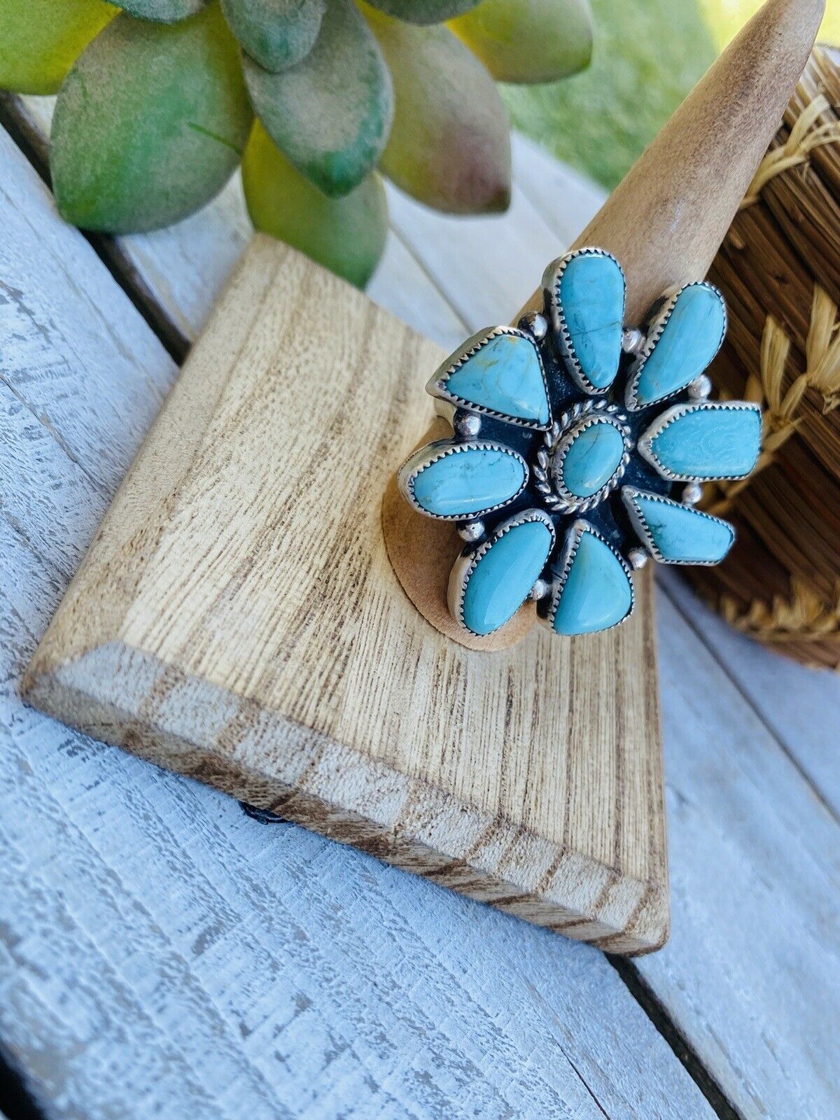 Navajo Turquoise & Sterling Silver Cluster Ring Size 9