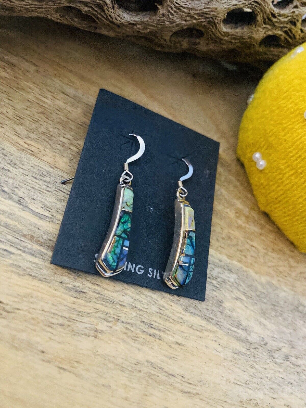 Navajo Natural Opal And Sterling Silver Inlay Dangle Earrings