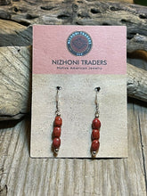 Load image into Gallery viewer, Navajo Sterling Silver 3 Stone Apple Coral Dangle Earrings