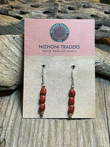 Navajo Sterling Silver 3 Stone Apple Coral Dangle Earrings
