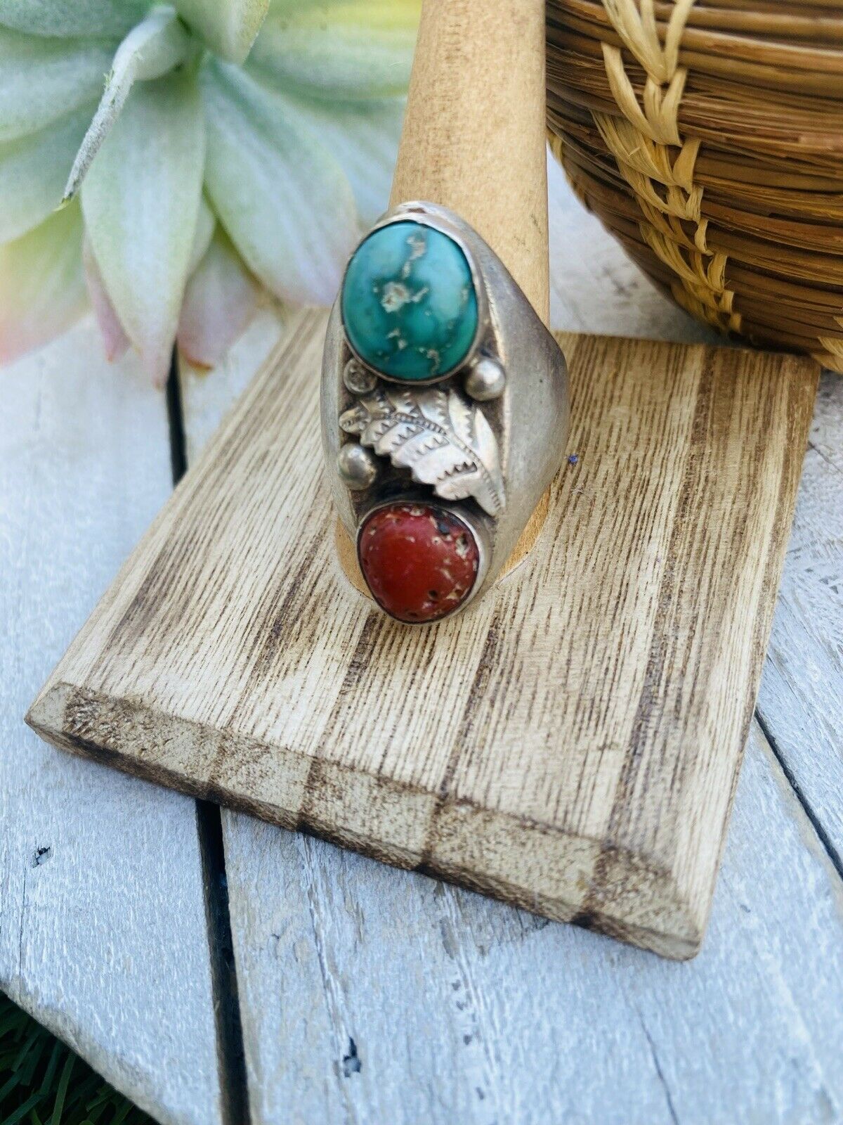 Vintage Navajo Sterling Silver, Turquoise & Coral Ring Size 10