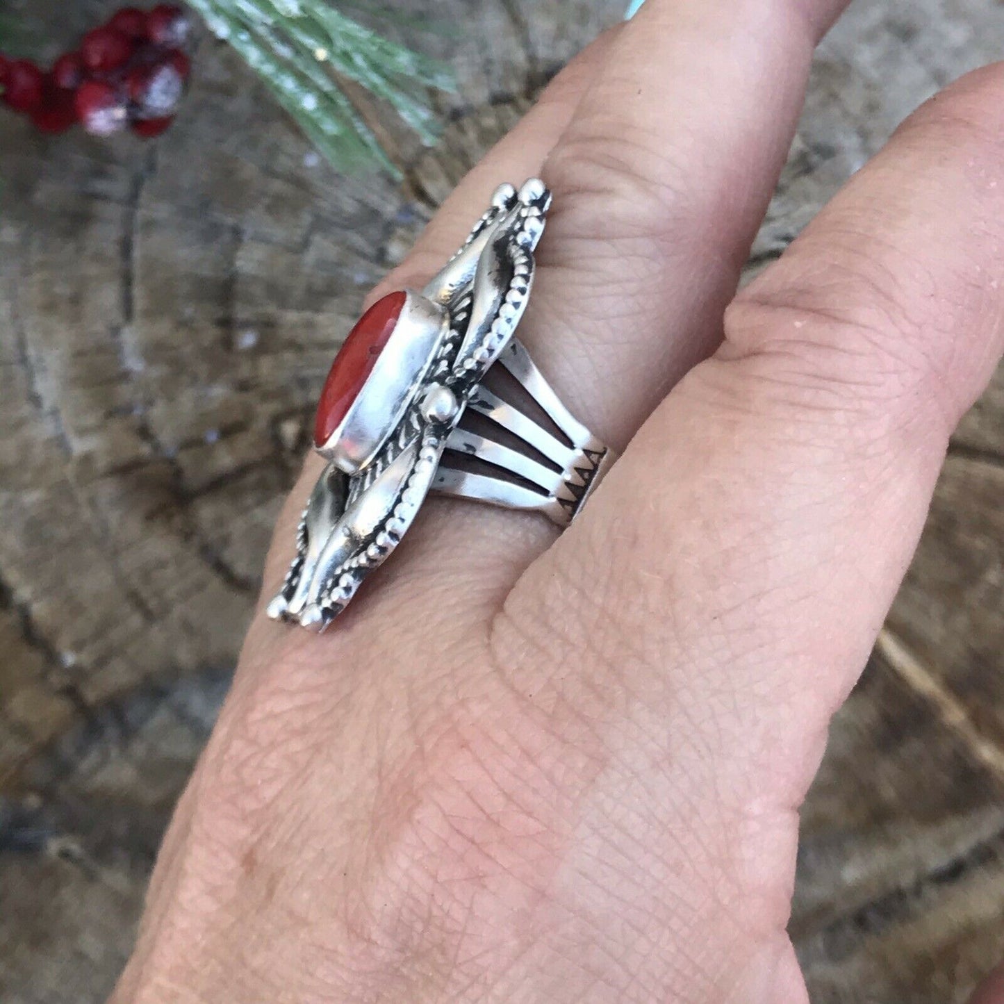 Navajo Sterling Silver Natural Red Coral Ring Artist L. James