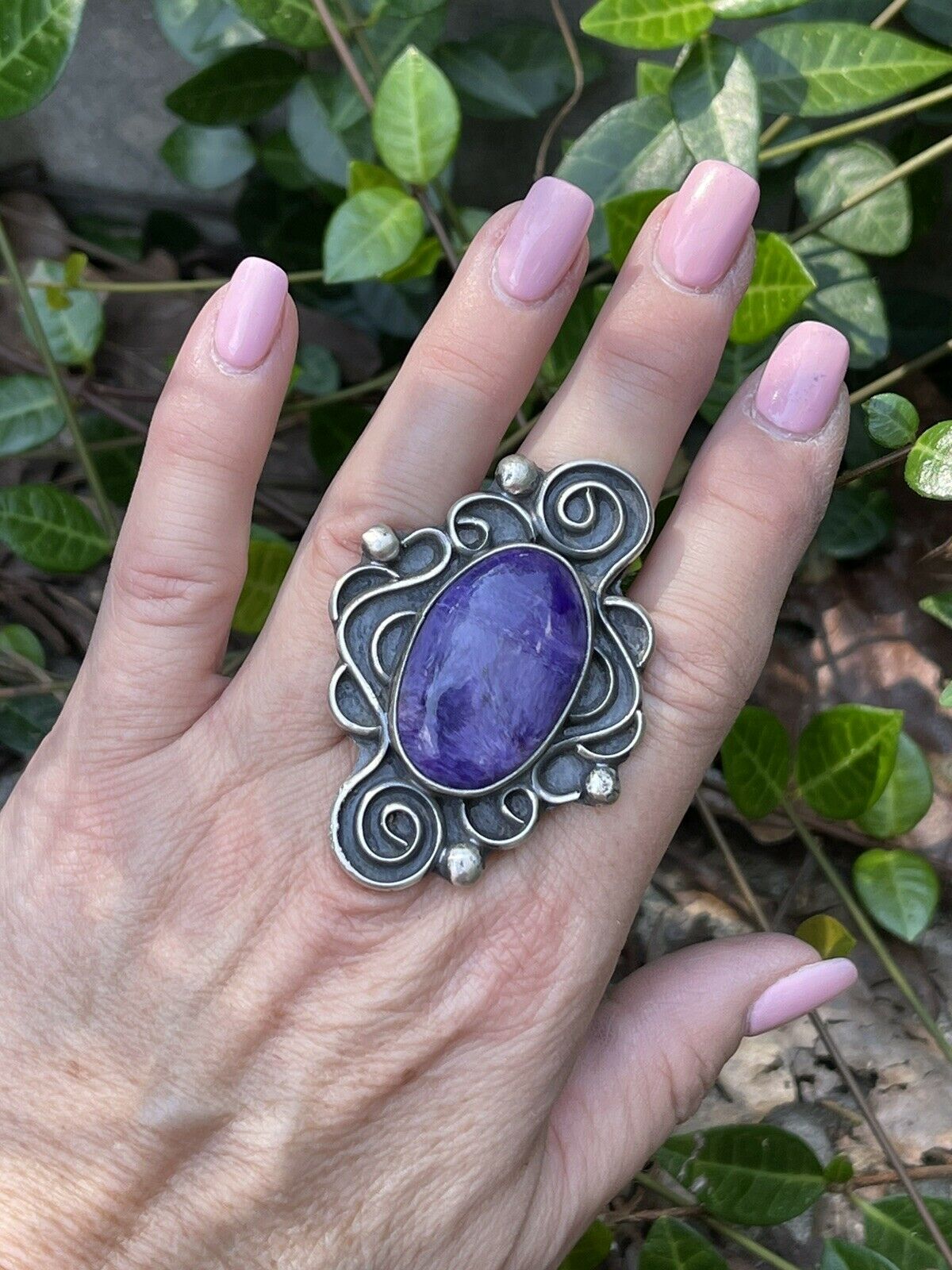 Navajo Purple Charoite & Sterling Silver Swirl Statement Ring Size 7