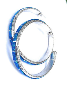 Navajo Sterling Silver & Opal Inlay Hoop Earrings Signed