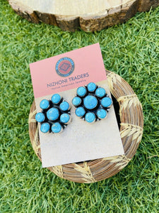 Navajo Sterling Silver & Turquoise Cluster Stud Earrings By Ella Peter