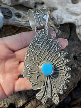 Load image into Gallery viewer, Navajo Sterling Silver &amp; Kingman Turquoise Indian Chief Sand Cast Pendant Sign