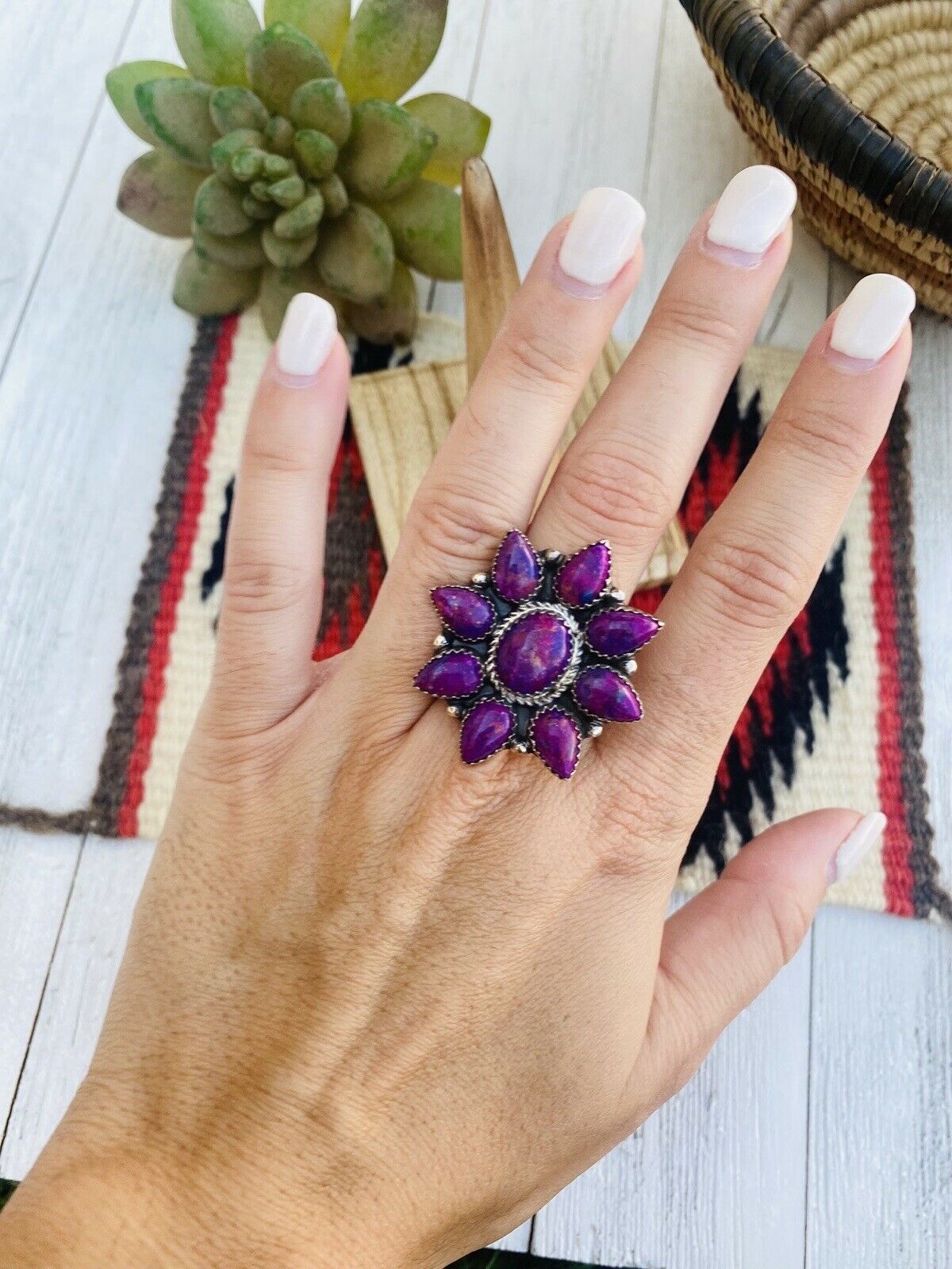 Navajo Sterling Silver & Purple Kingman Turquoise Cluster Ring