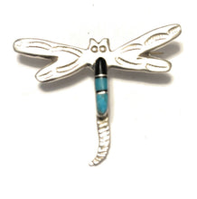 Load image into Gallery viewer, Navajo Sterling Silver Turquoise and Onyx Stone Dragonfly Pendant Pin Signed