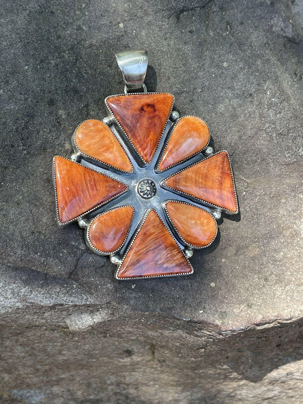 Navajo Sterling Silver Orange Spiny  Jumbo Cluster Pendant