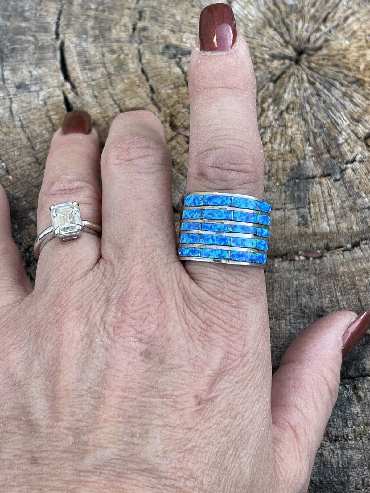 Zuni Sterling Silver Blue Opal 5 Row Inlay Ring