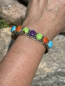 Navajo 7 Multi Stone & Sterling Silver Cuff Bracelet Signed