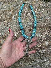 Load image into Gallery viewer, Navajo Natural Turquoise &amp; Sterling Silver Tufa Cast Arrow Necklace