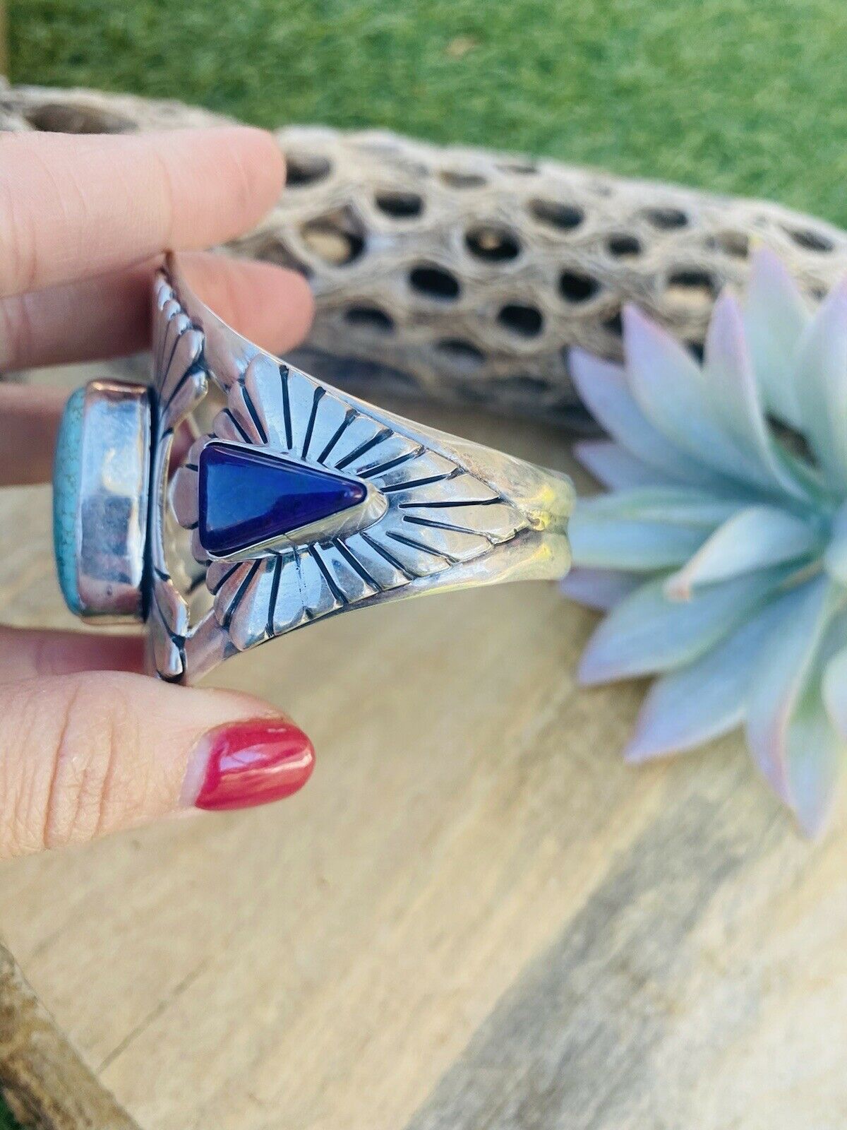 Navajo Dry Creek Turquoise, Charoite And Sterling Silver Cuff Bracelet