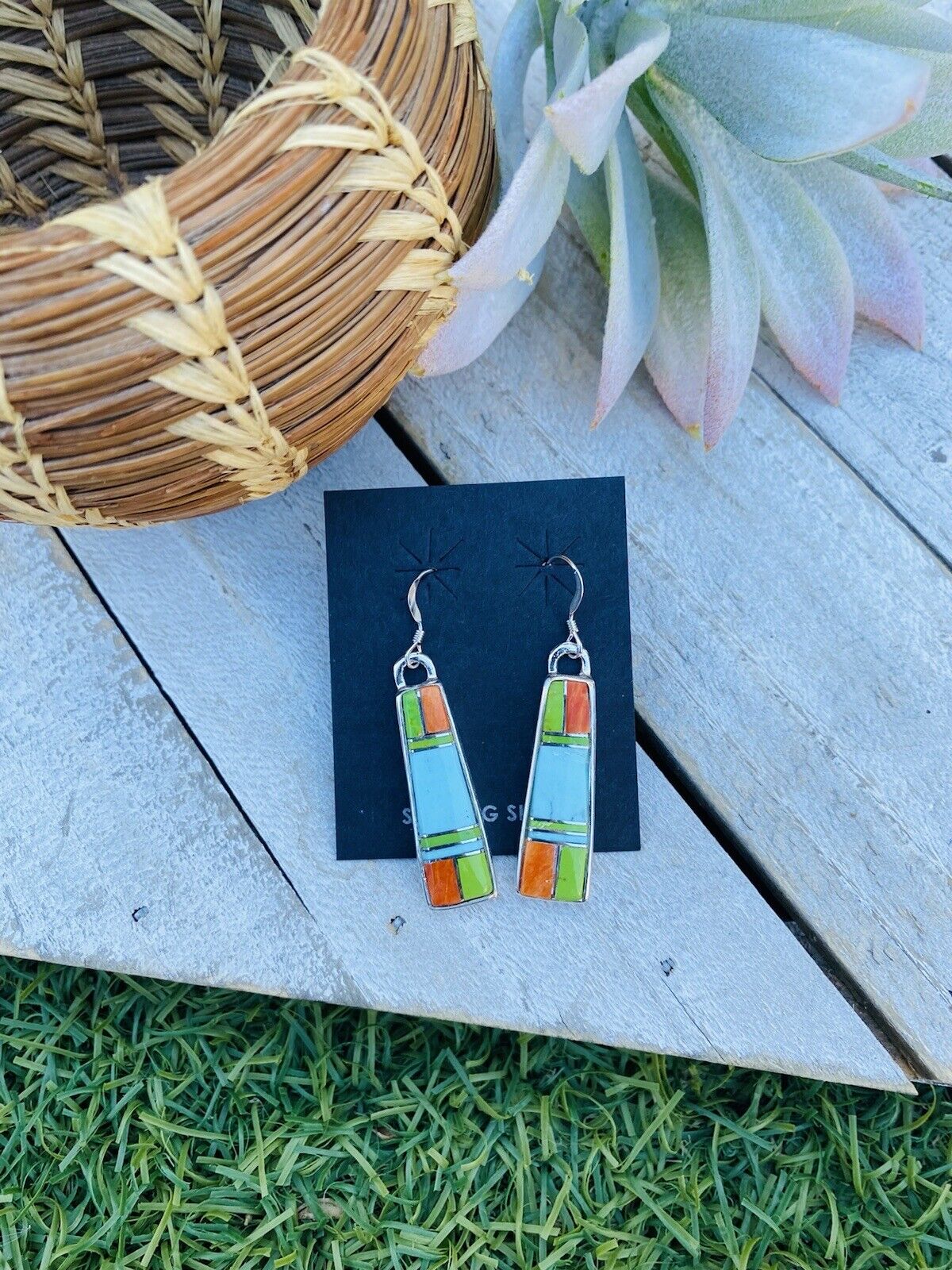 Navajo Multi Stone And Sterling Silver Inlay Dangle Earrings