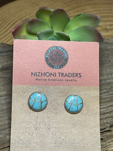 Navajo Sterling Silver & Turquoise Inlay Circle Post Earrings Signed K