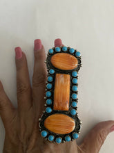 Load image into Gallery viewer, Devon Brown Navajo Sterling Silver, Turquoise &amp; Orange Spiny Oyster Ring Sz 8.5