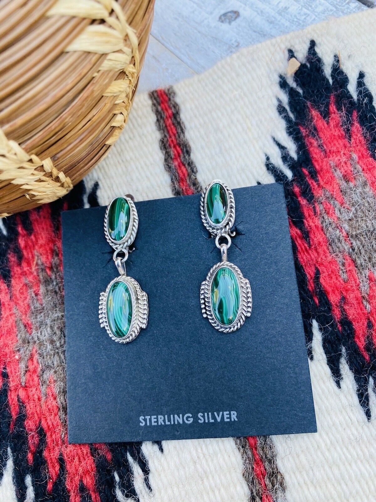 Navajo Malachite & Sterling Silver Clip On Dangle Earrings