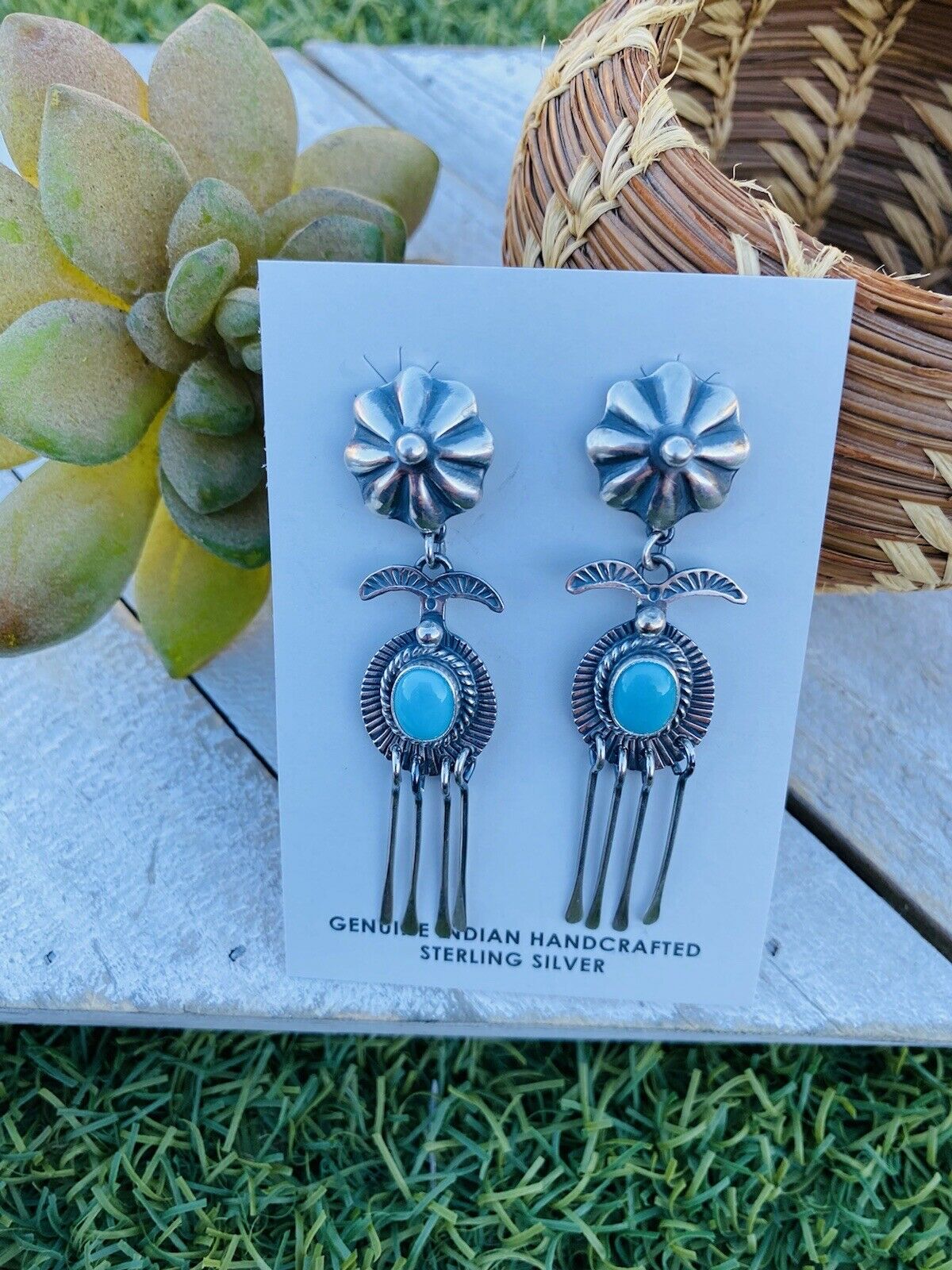 Navajo Turquoise & Sterling Silver Concho Dangle Earrings