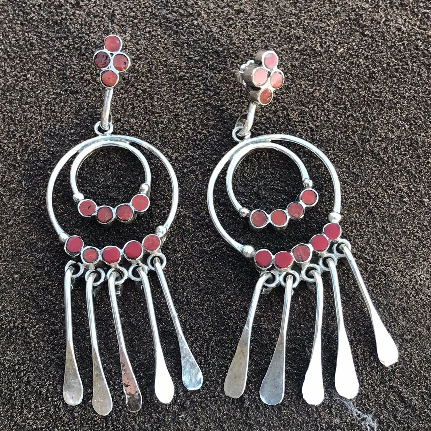 Vintage Navajo Sterling Silver Natural Red Coral Dangle Earrings