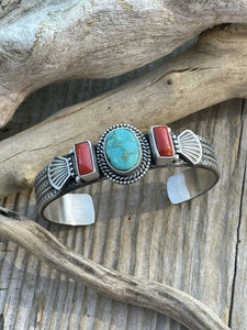 Navajo Sterling Silver Red Coral & Turquoise Bracelet Signed M & R Calladitto