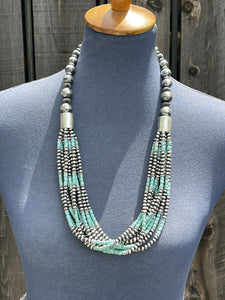 Navajo Sterling Silver & Number 8 Turquoise Beaded 10 Strand Necklace