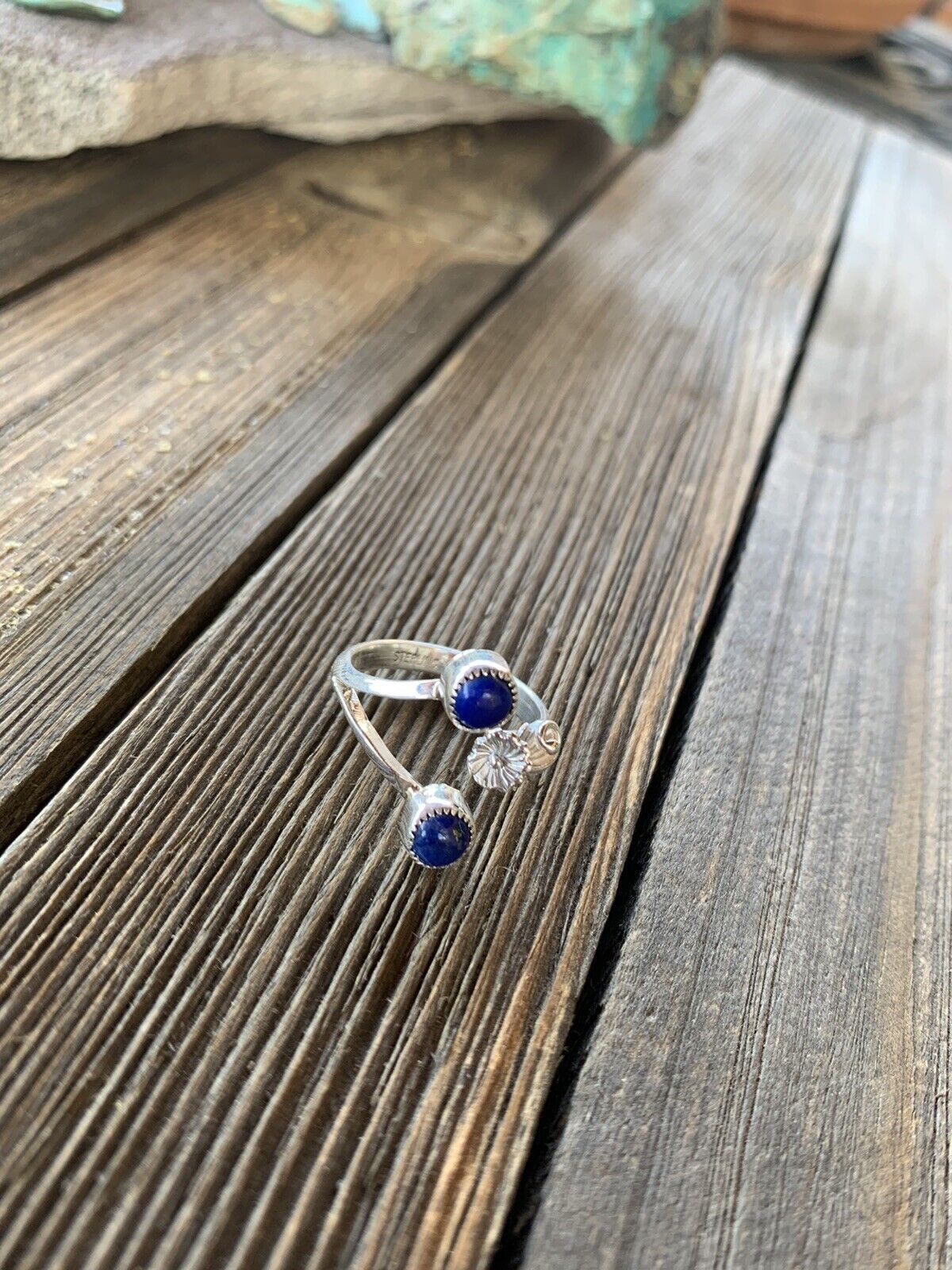 Navajo Lapis Sterling Silver Adjustable Flower Ring