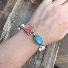 Load image into Gallery viewer, Navajo Turquoise &amp; Orange Spiny Oyster Sterling Silver Link Bracelet Signed