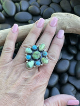 Load image into Gallery viewer, Navajo Sterling Sonoran Gold And Golden Hills Turquoise Cluster Ring Size 8.5