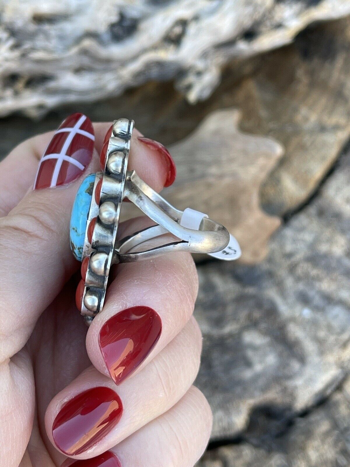 Navajo Sterling Silver Kingman Web Turquoise & Red Coral Taos Ring Sz 8