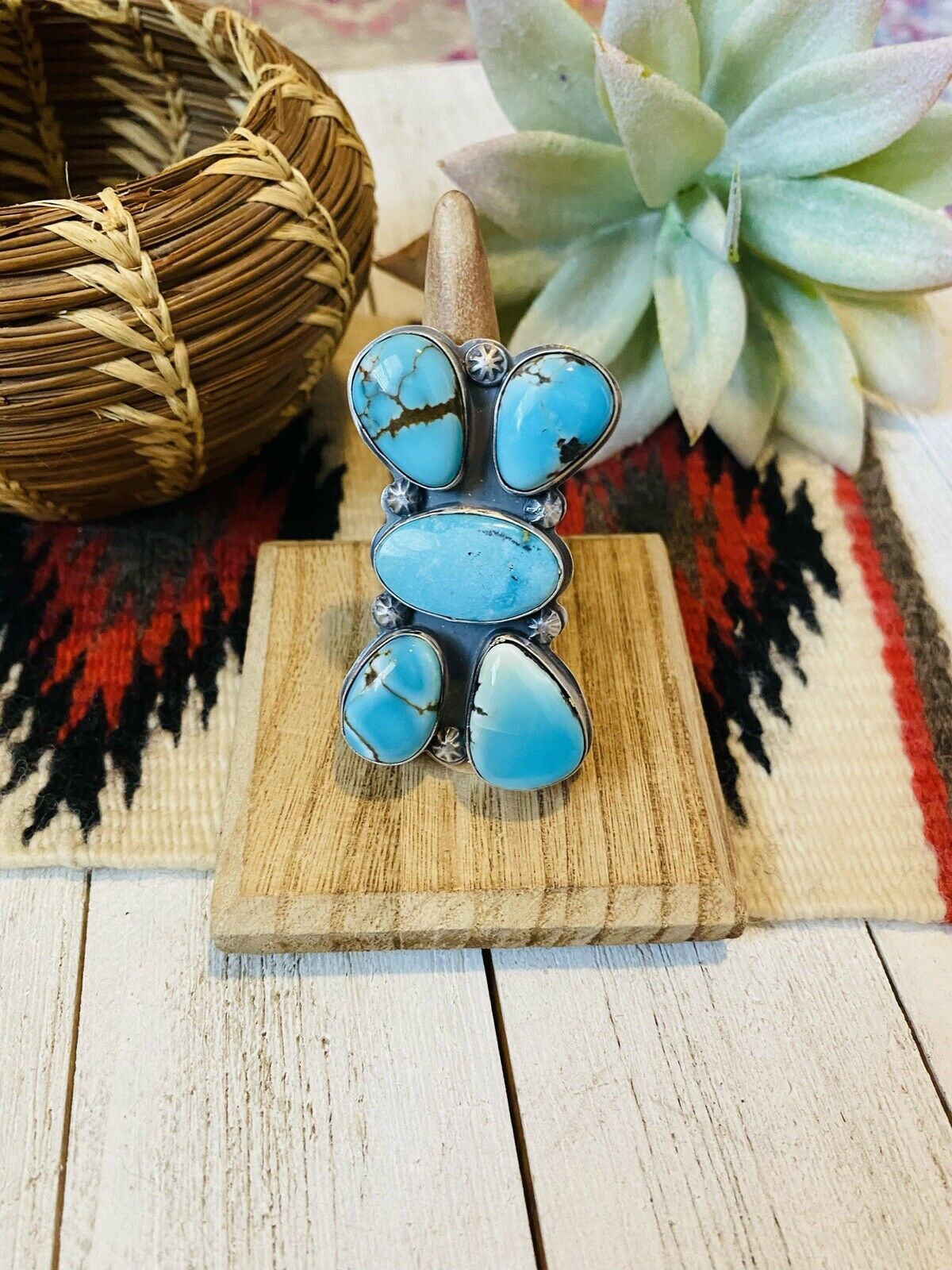 Navajo Turquoise & Sterling Silver Adjustable Ring Signed