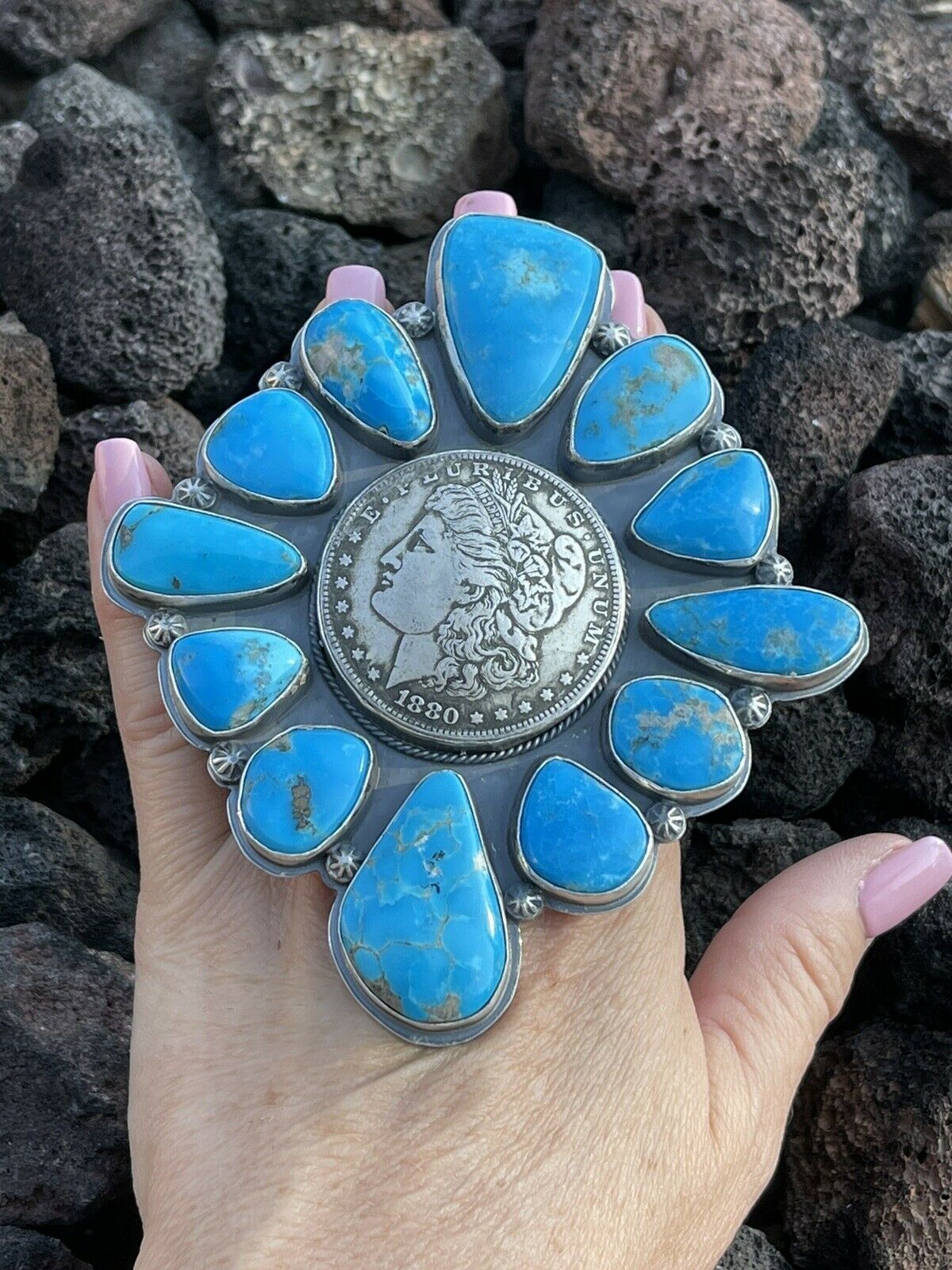 Gorgeous Navajo Sterling Silver Coin & Kingman Turquoise Adjustable Ring