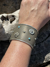 Load image into Gallery viewer, Navajo Sterling Silver Cross Bracelet Cuff With Turquoise Accent Stones Signed