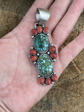 Load image into Gallery viewer, Navajo Sterling Kingman Web Turquoise &amp; Red Coral Taos Pendant Bea Tom
