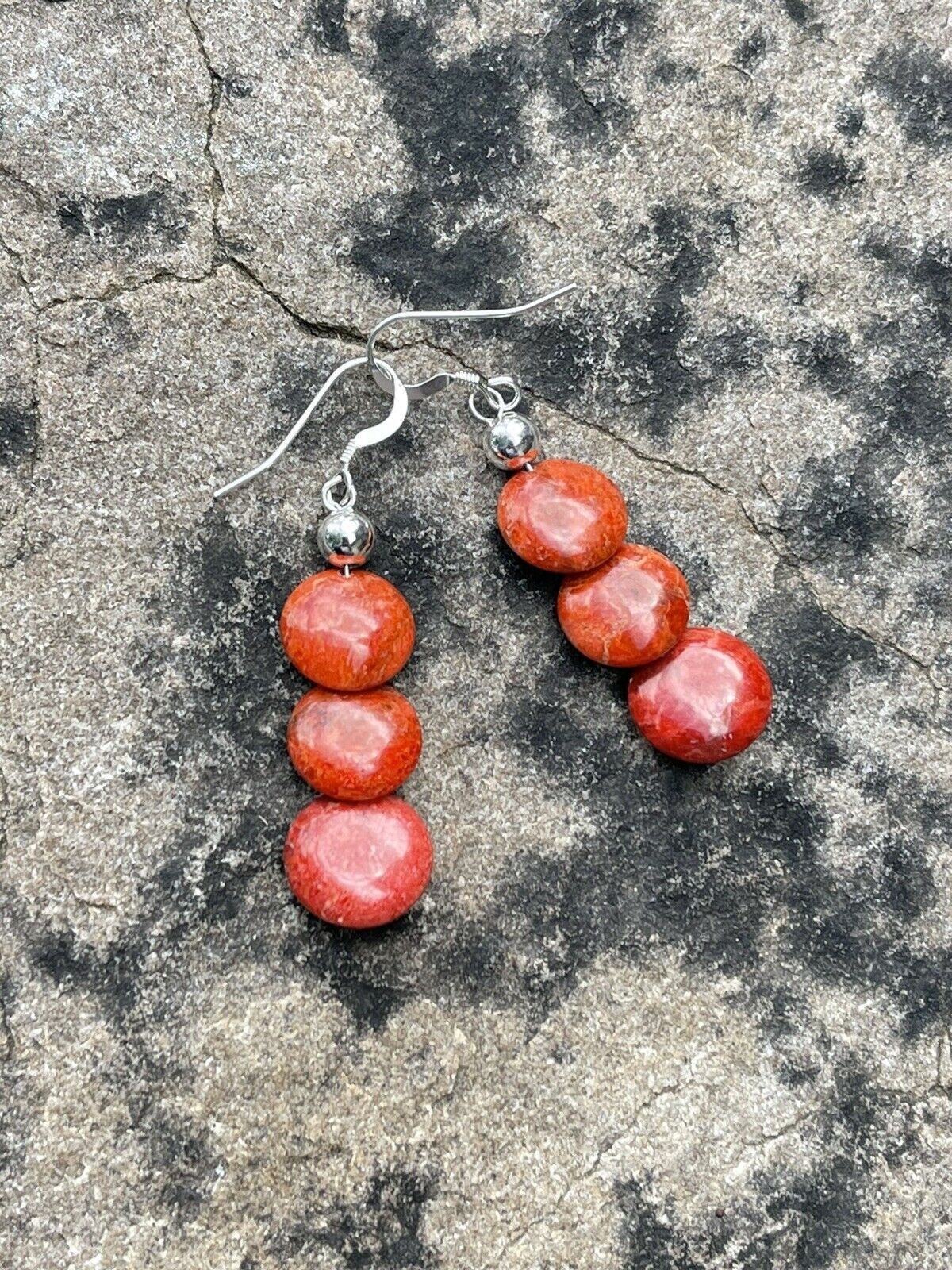 Navajo Sterling Silver Apple Coral 3 Bead Dangle Earrings