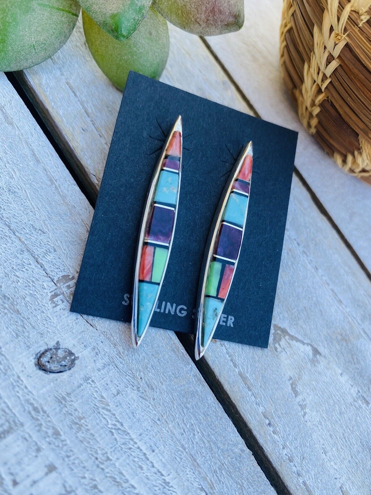 Navajo Multi Stone And Sterling Silver Inlay Dangle Earrings
