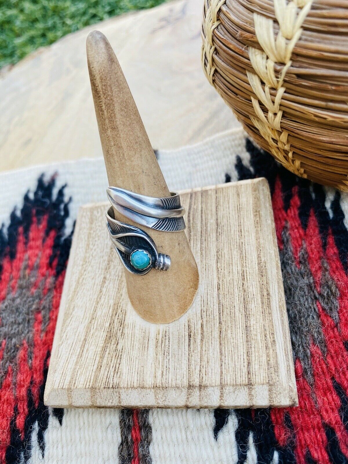 Navajo Sterling Silver & Turquoise Feather Adjustable Ring