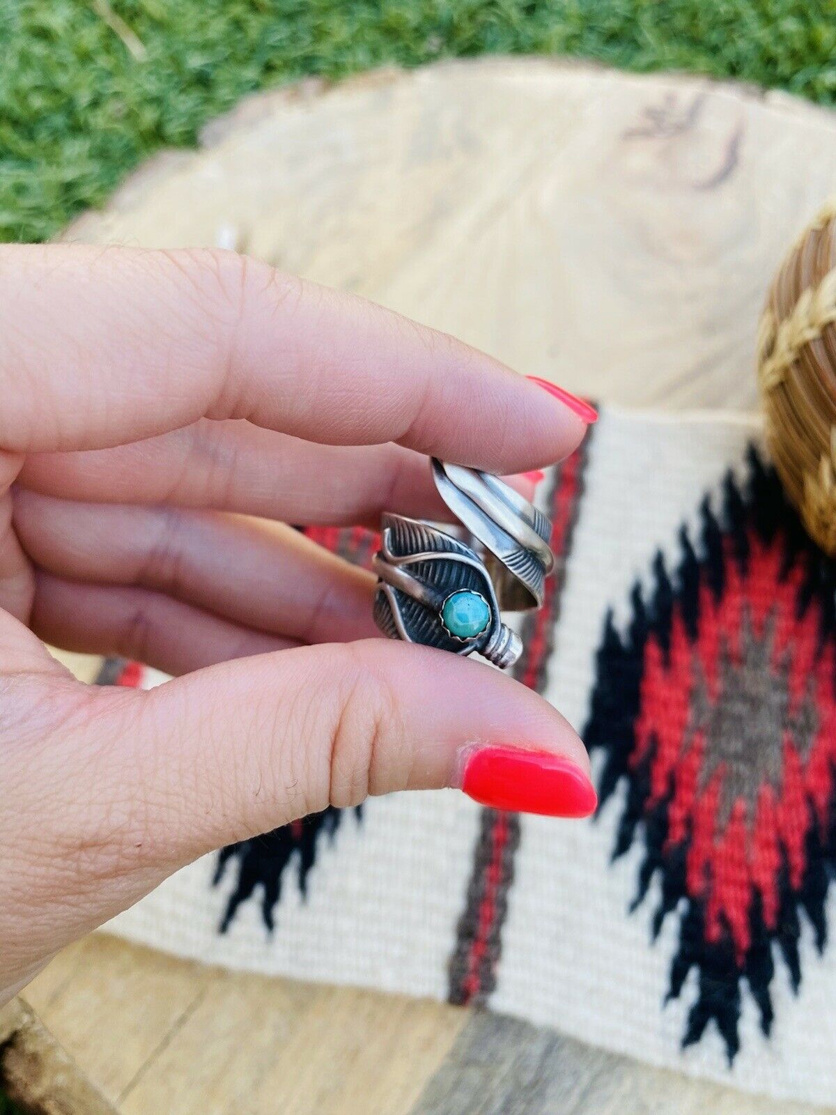 Navajo Sterling Silver & Turquoise Feather Adjustable Ring