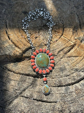 Load image into Gallery viewer, Navajo Tibetan Turquoise &amp; Spiny Sterling Drop Cluster Necklace Signed