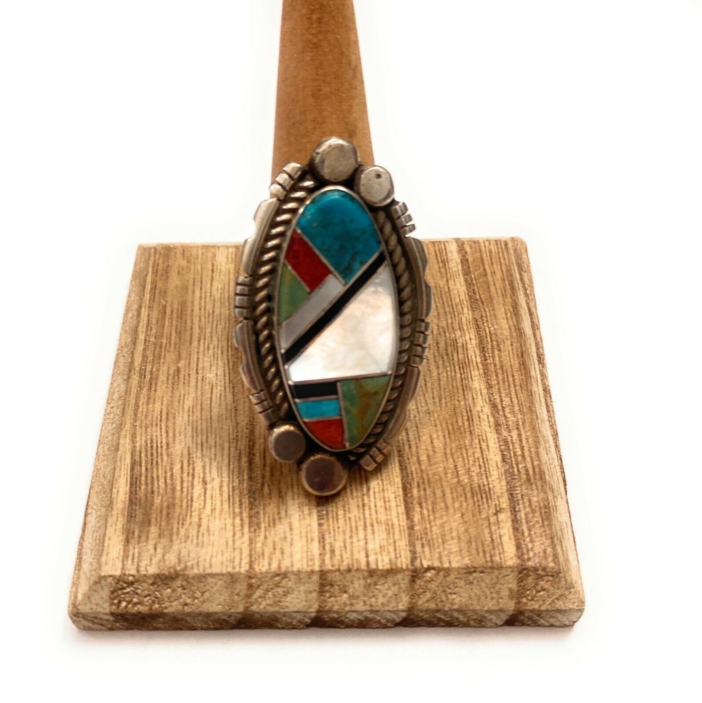 Navajo Sterling Silver And Multi Stone Inlay Ring Size 10