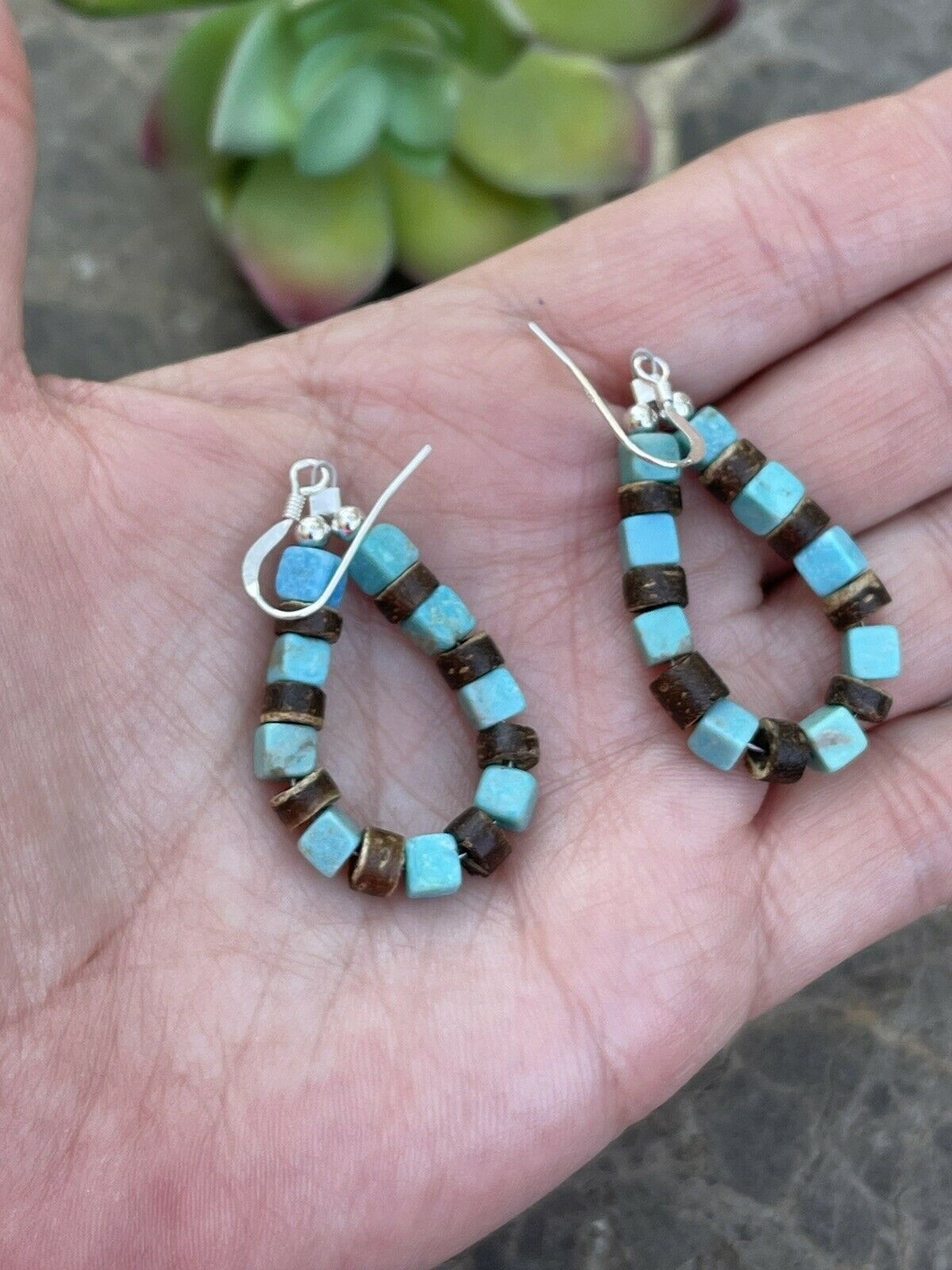 Navajo Turquoise & Jasper Sterling Silver Beaded Dangle Hoop Earrings