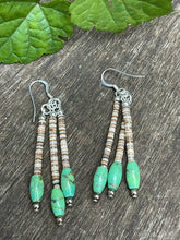 Load image into Gallery viewer, Navajo Sterling Green Kingman Turquoise 3 Strand Heishi Beaded Earrings