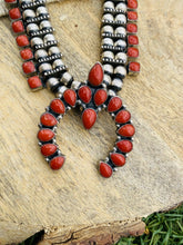 Load image into Gallery viewer, Vintage Navajo Natural Coral &amp; Sterling Silver Squash Blossom Necklace Signed