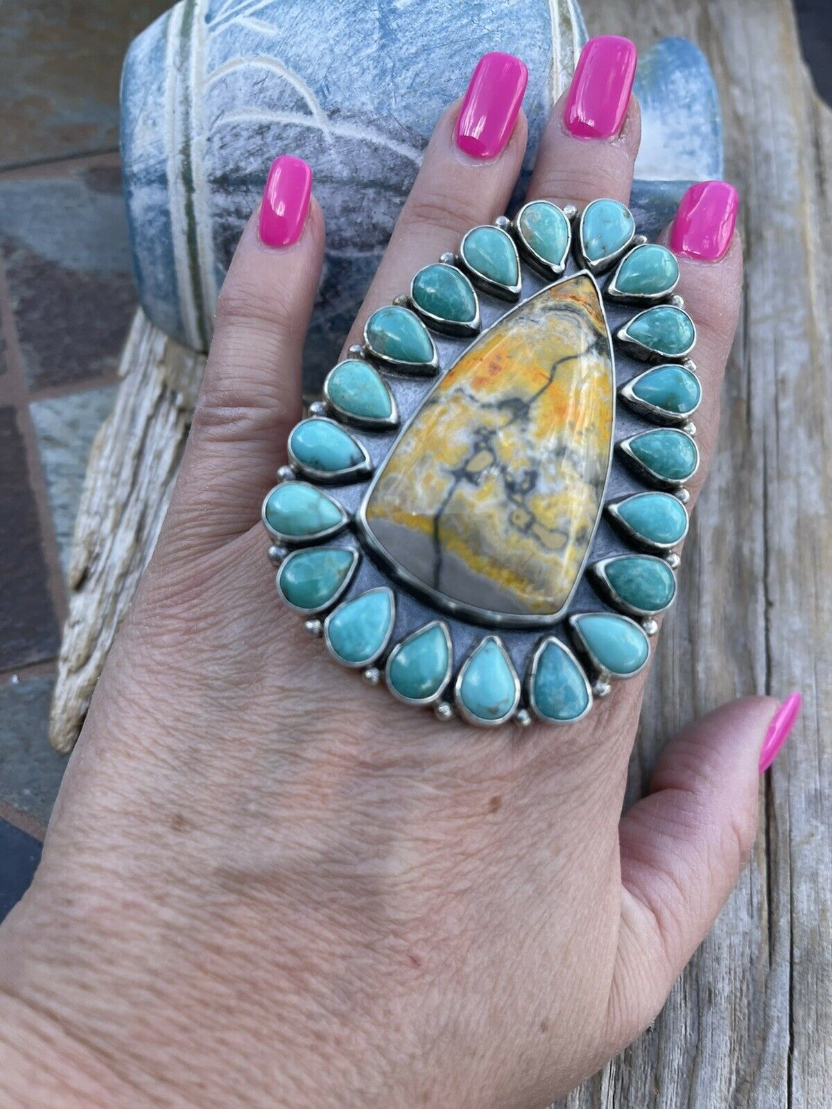 Navajo Sterling Bumblebee and Turquoise Stone Ring Sz 9.5