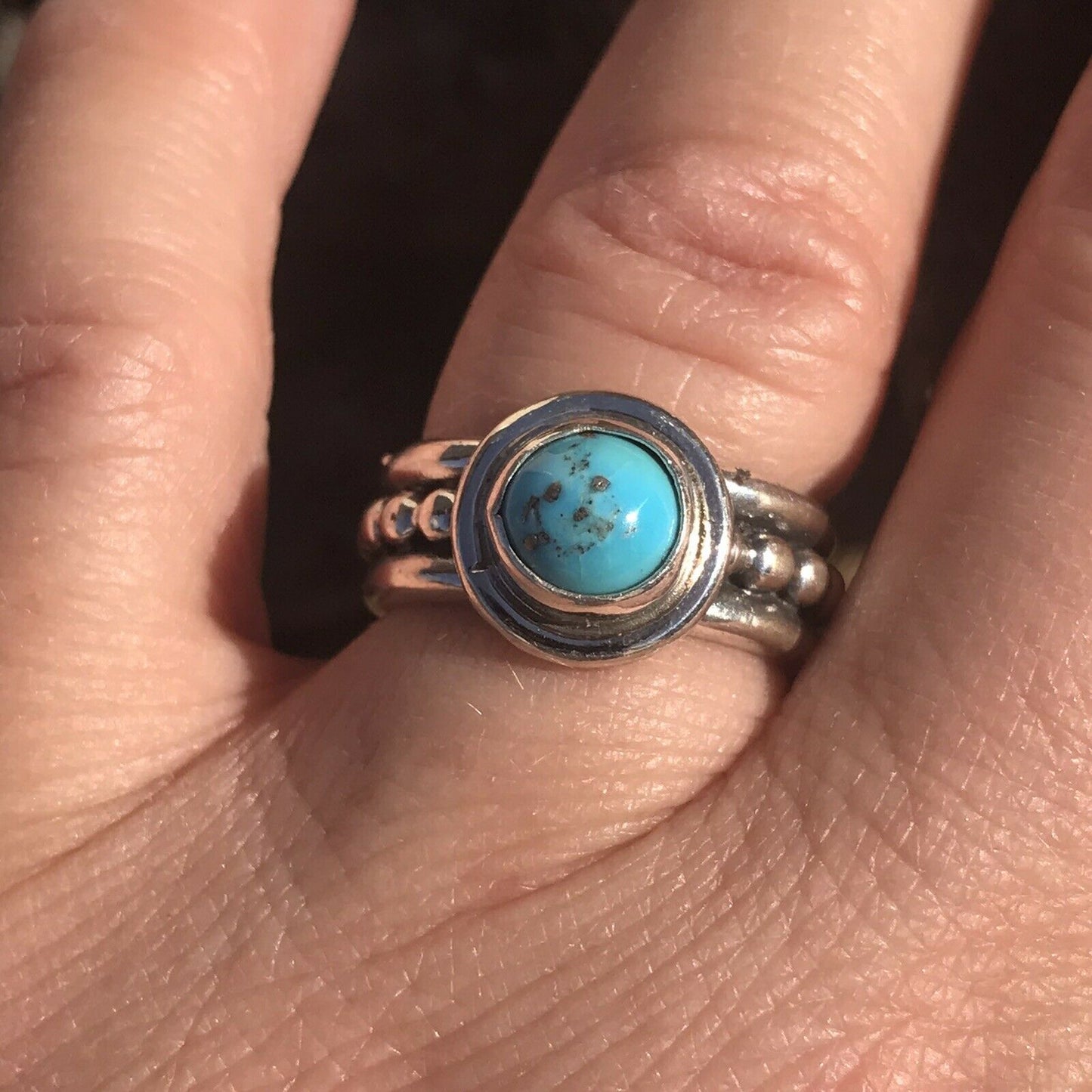 Navajo Kingman Turquoise & Sterling Silver Dotted Band Ring