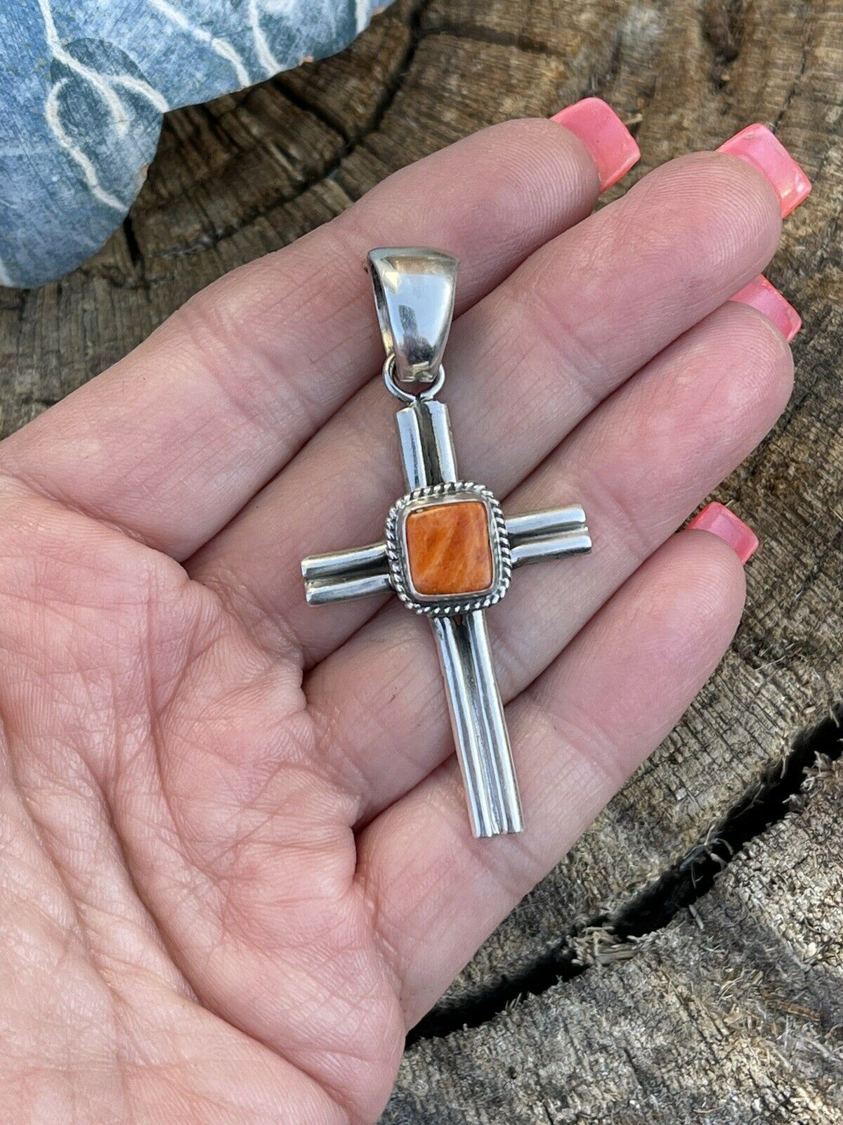 Navajo Sterling Silver & Orange Spiny Shell  Cross Pendant Signed