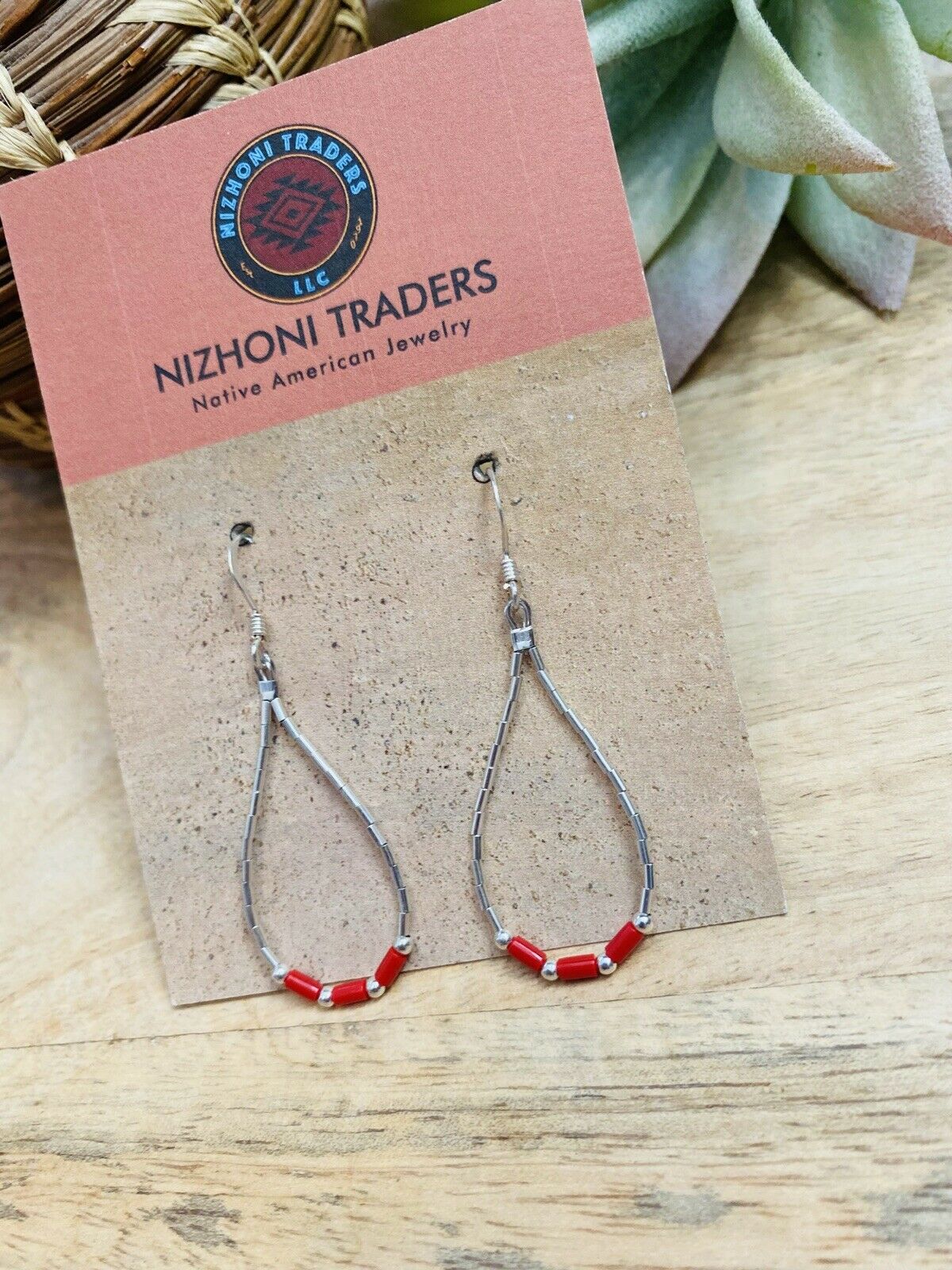 Navajo Sterling Liquid Silver & Coral Beaded Dangle Earrings