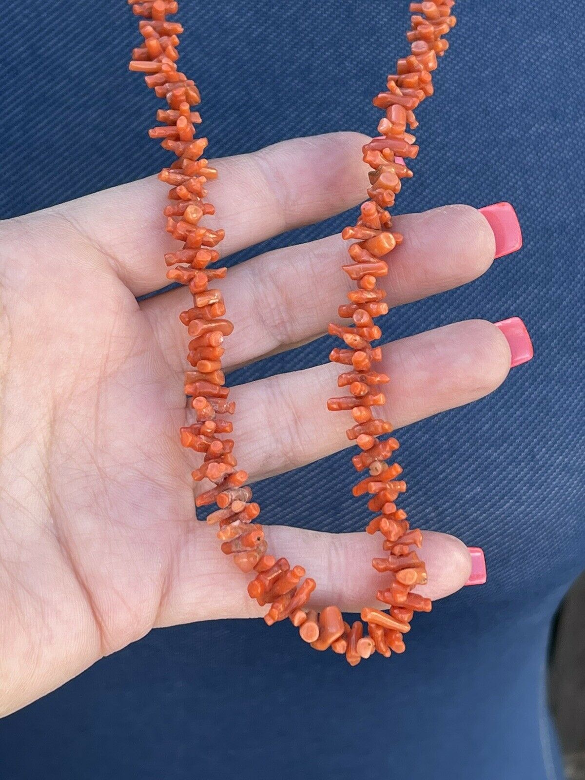 Navajo Sterling Silver Natural Coral Strand Bead 30 Inch Necklace