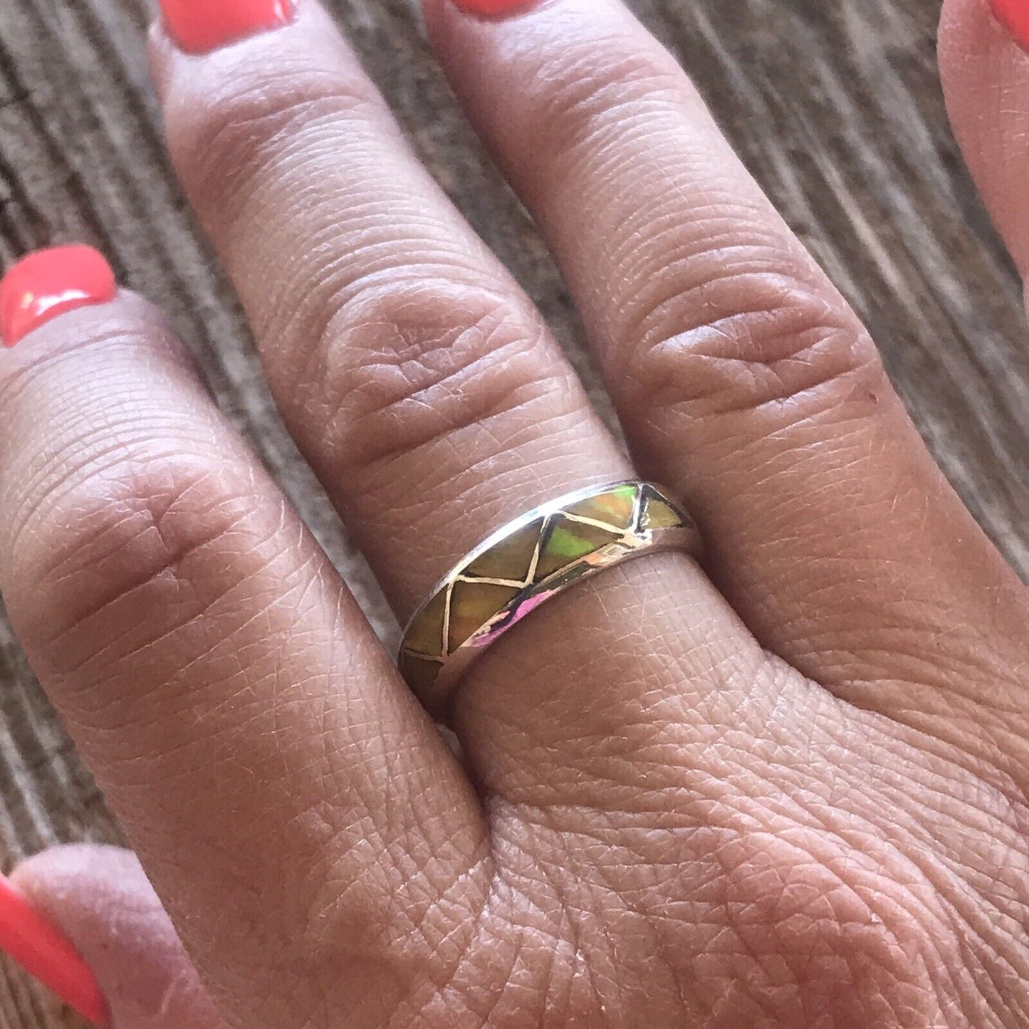 Zuni Sterling Silver Yellow Opal Band Ring